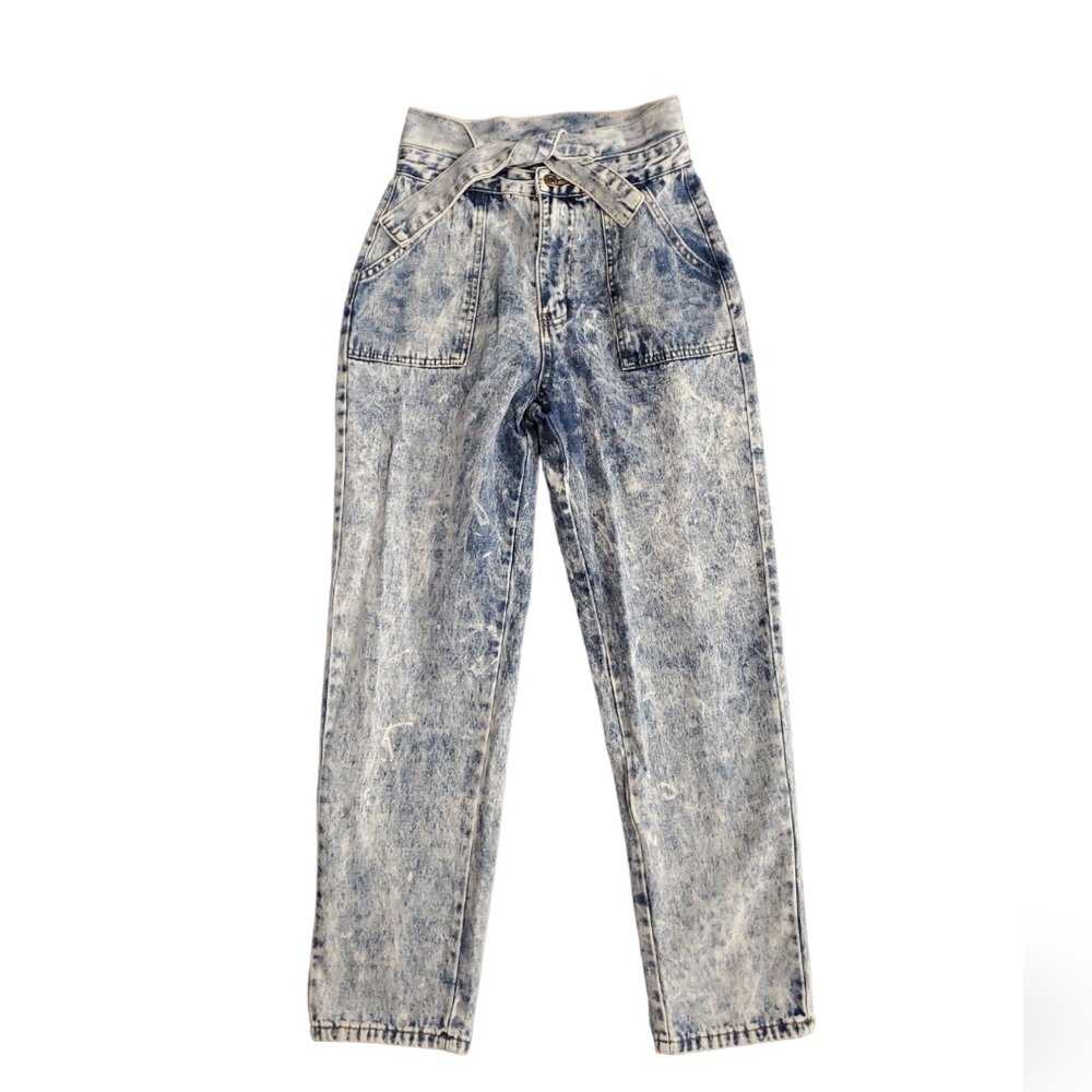 SHEIN Straight Leg Acid Wash Front Tie Blue Jeans